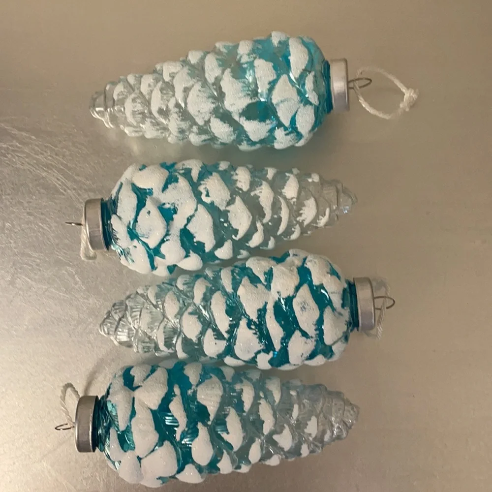 4 Shatterproof Turquoise Glitter-Frosted Pinecone Ornaments